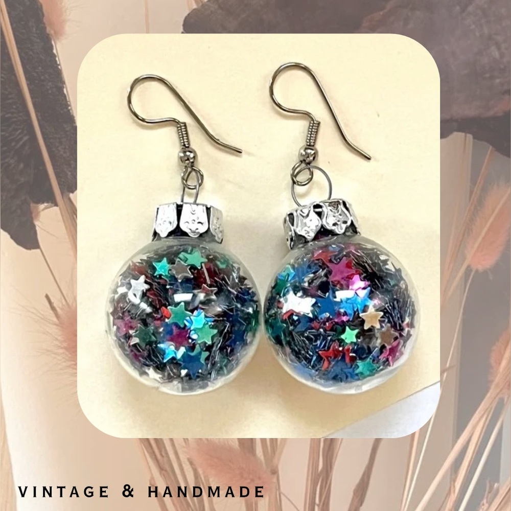 fun handmade star glitter glass ornament earrings